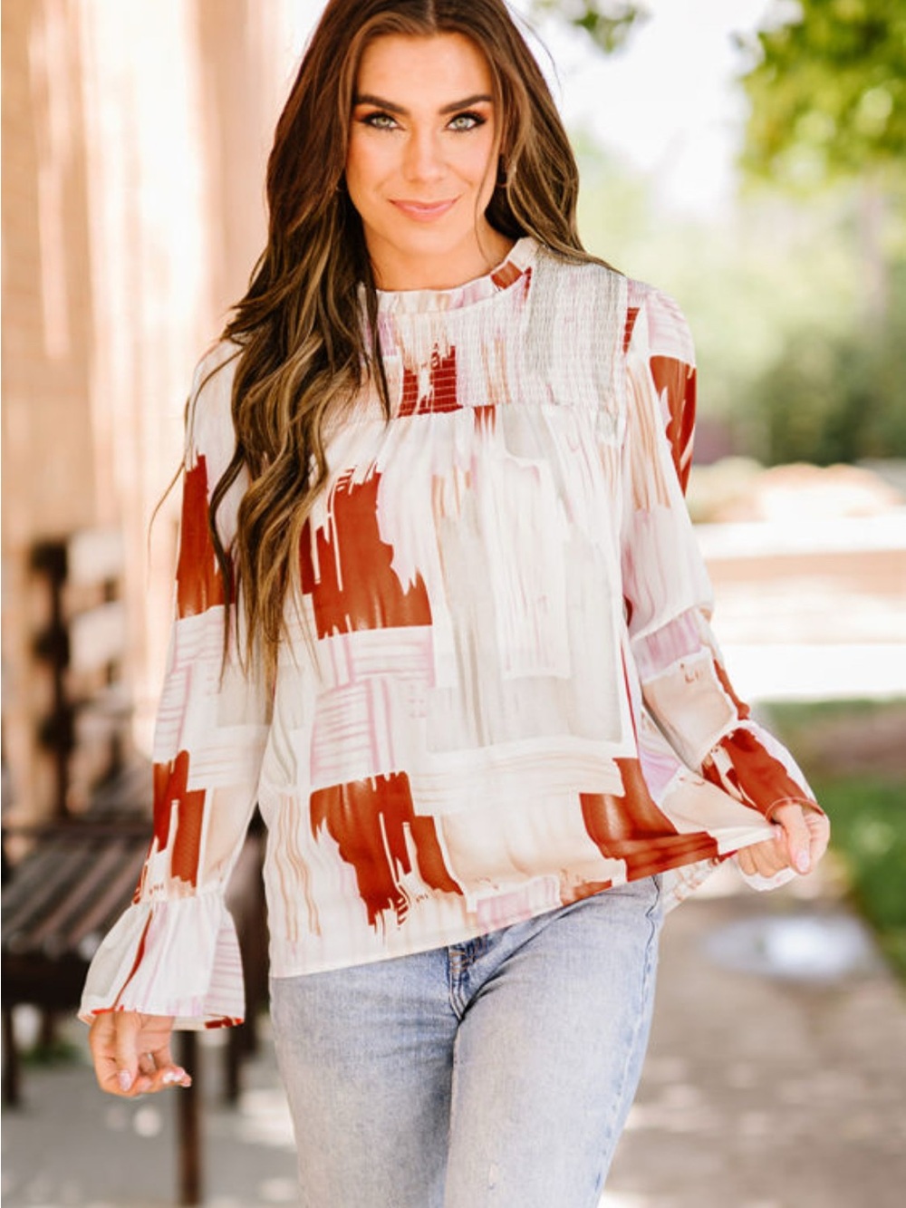 High-Neck Smocked Shoulder Blouse - White & Rust